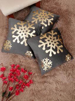 HOSTA HOMES - Soft Velvet Golden Foil Printed Cushion Covers Grey (Pack Of 3) (16X16 Inches)