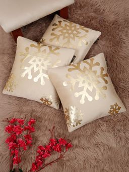 HOSTA HOMES - Soft Velvet Golden Foil Printed Cushion Covers Cream (Pack Of 3) (16X16 Inches)