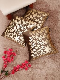 HOSTA HOMES - Soft Velvet Golden Foil Printed Cushion Covers Brown (Pack Of 3) (16X16 Inches)