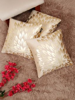 HOSTA HOMES - Soft Velvet Golden Foil Printed Cushion Covers Cream (Pack Of 3) (16X16 Inches)