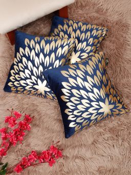 HOSTA HOMES - Soft Velvet Golden Foil Printed Cushion Covers Blue (Pack Of 3) (16X16 Inches)