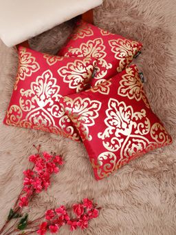 HOSTA HOMES - Soft Velvet Golden Foil Printed Cushion Covers Maroon (Pack Of 3) (16X16 Inches)
