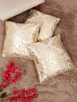 HOSTA HOMES - Soft Velvet Golden Foil Printed Cushion Covers Cream (Pack Of 3) (16X16 Inches)