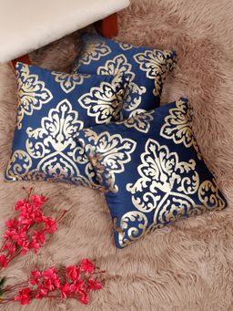 HOSTA HOMES - Soft Velvet Golden Foil Printed Cushion Covers Blue (Pack Of 3) (16X16 Inches)