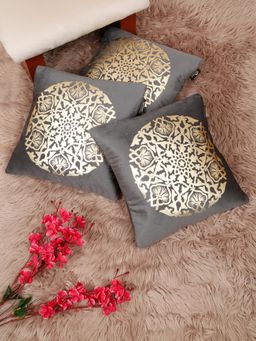 HOSTA HOMES - Soft Velvet Golden Foil Printed Cushion Covers Grey (Pack Of 3) (16X16 Inches)