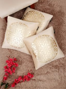 HOSTA HOMES - Soft Velvet Golden Foil Printed Cushion Covers Cream (Pack Of 3) (16X16 Inches)