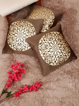 HOSTA HOMES - Soft Velvet Golden Foil Printed Cushion Covers Brown (Pack Of 3) (16X16 Inches)