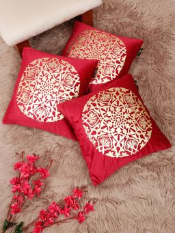 HOSTA HOMES - Soft Velvet Golden Foil Printed Cushion Covers Maroon (Pack Of 3) (16X16 Inches)
