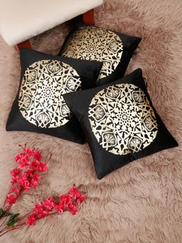 HOSTA HOMES - Soft Velvet Golden Foil Printed Cushion Covers Black (Pack Of 3) (16X16 Inches)