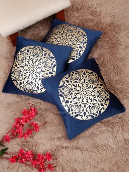 HOSTA HOMES - Soft Velvet Golden Foil Printed Cushion Covers Blue (Pack Of 3) (16X16 Inches)