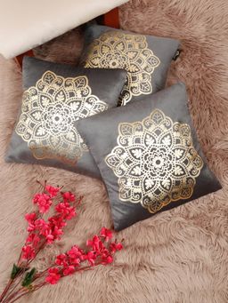 HOSTA HOMES - Soft Velvet Golden Foil Printed Cushion Covers Grey (Pack Of 3) (16X16 Inches)