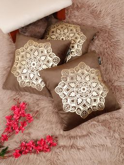 HOSTA HOMES - Soft Velvet Golden Foil Printed Cushion Covers Brown (Pack Of 3) (16X16 Inches)