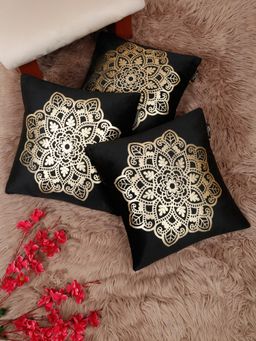 HOSTA HOMES - Soft Velvet Golden Foil Printed Cushion Covers Black (Pack Of 3) (16X16 Inches)