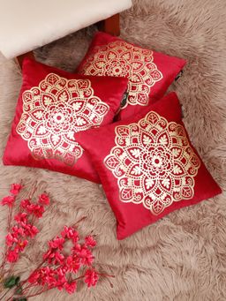 HOSTA HOMES - Soft Velvet Golden Foil Printed Cushion Covers Maroon (Pack Of 3) (16X16 Inches)