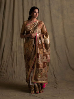 PRIYANKA RAAJIV - Nyra Gold and Ivory Patchwork Saree with Unstitched Blouse