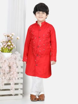 Kinder Kids - Red Gold Jacquard Printed Kurta with White Cotton Pajama (Set of 2)