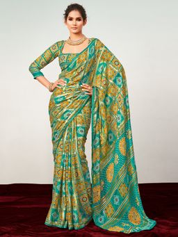 Akhilam - Womens Georgette Turquoise Printed Designer Saree with Unstitched Blouse