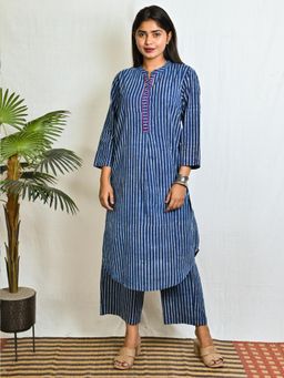 EARTHWEAR - Blue Stripe Print Kantha Embroidery Kurta with Palazzo (Set of 2)