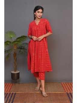 EARTHWEAR - Red Hand Woven Kantha Embroidery Kurta with Pant (Set of 2)