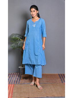 EARTHWEAR - Blue Stripe With Kantha Embroidery Kurta with Palazzo (Set of 2)