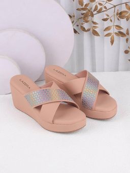 LAZERA SHOES - Peach Holographic Strap Wedge Sandals