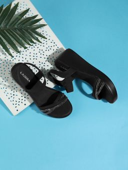 LAZERA SHOES - Black Platform Wedge Heels With Elastic Strap