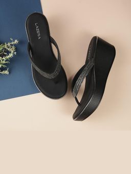 LAZERA SHOES - Black Embellished Wedge Thong Heels