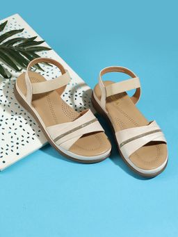 LAZERA SHOES - Beige Comfort Strap Slip-On Sandals With Elastic Support