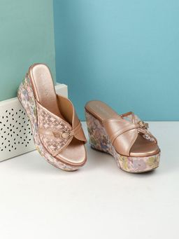 LAZERA SHOES - Rose Gold Embroidered Wedge Heels