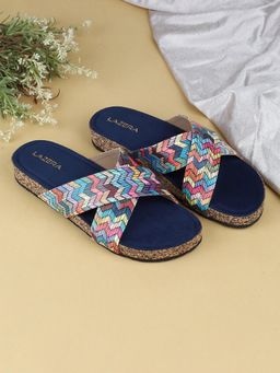 LAZERA SHOES - Navy Blue Printed Cross-Strap Cork Flat Slides