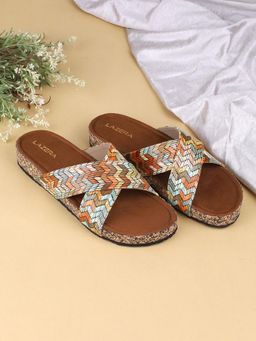 LAZERA SHOES - Tan Printed Cross-Strap Cork Flat Slides