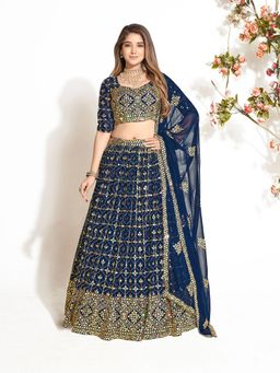 Pink Ethnic - Navy Blue Georgette Semi Stitched Lehenga & Unstitch Blouse with Dupatta (Set of 3)