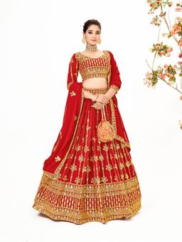 Pink Ethnic - Red Georgette Semi Stitched Lehenga & Unstitch Blouse with Dupatta (Set of 3)