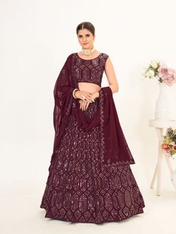 Pink Ethnic - Wine Georgette Semi Stitched Lehenga & Unstitch Blouse with Dupatta (Set of 3)