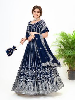 Pink Ethnic - Navy blue Georgette Semi Stitched Lehenga & Unstitch Blouse with Dupatta (Set of 3)