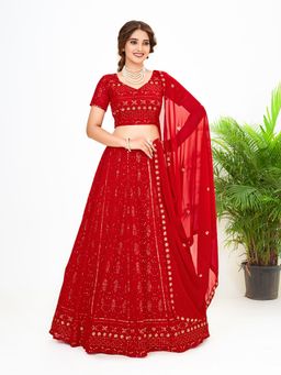 Pink Ethnic - Red Georgette Semi Stitched Lehenga & Unstitch Blouse with Dupatta (Set of 3)