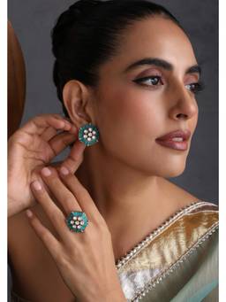 SWABHIMANN - Pitali Firoza Polki Stud Earrings with Ring