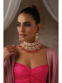 SWABHIMANN - Amresha Pink Polki Choker Necklace and Earring