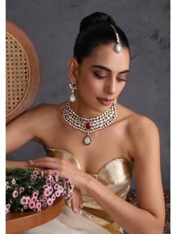 SWABHIMANN - Sanam Ruby and Polki Necklace with Earrings with Maang Tikka