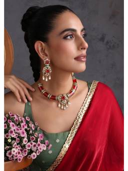 SWABHIMANN - Red Dareez Ruby and Polki Hasli Necklace Set