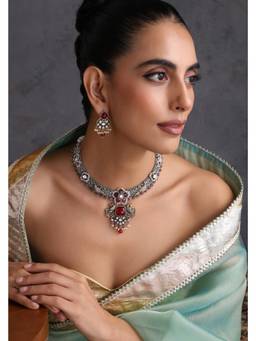 SWABHIMANN - Srivida Red and Silver Polki Necklace with Earrings
