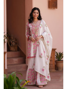 Scakhi - Coral and White Cotton Printed Embroidered Sharara Set(Set of 3)