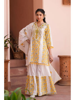 Scakhi - Yellow and White Cotton Printed Embroidered Sharara Set(Set of 3)