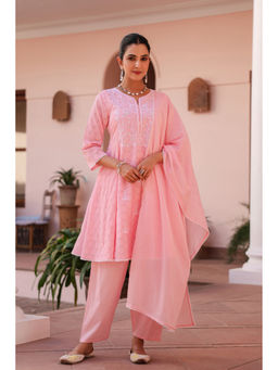 Scakhi - Pink Jacquard Cotton Chikankari Kurta Set(Set of 3)