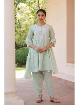Scakhi - Pistagreen Jacquard Cotton Chikankari Kurta Set(Set of 3)