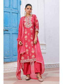 Scakhi - Coral Chanderi Silk Floral Printed Kurta Set(Set of 3)