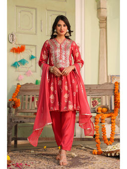 Scakhi - Coral Chanderi Silk Floral Printed Kurta Set(Set of 3)