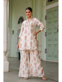 Scakhi - Cream Chanderi Silk Floral Printed Co-Ord Set(Set of 2)