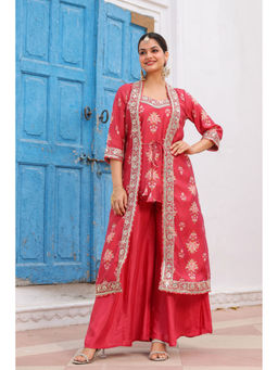 Scakhi - Coral Chanderi Silk Floral Printed Shrug Set(Set of 3)