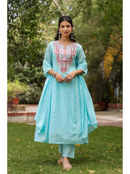 Scakhi - Aqua Cotton Mulmul Embroidered Gathered Kurta Set(Set of 3)